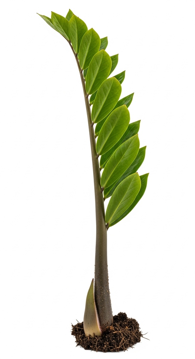 side view of a zz plant plant showing its growth habit and leaf shape
