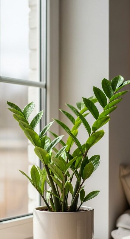a zz plant plant in a pot near a bright window