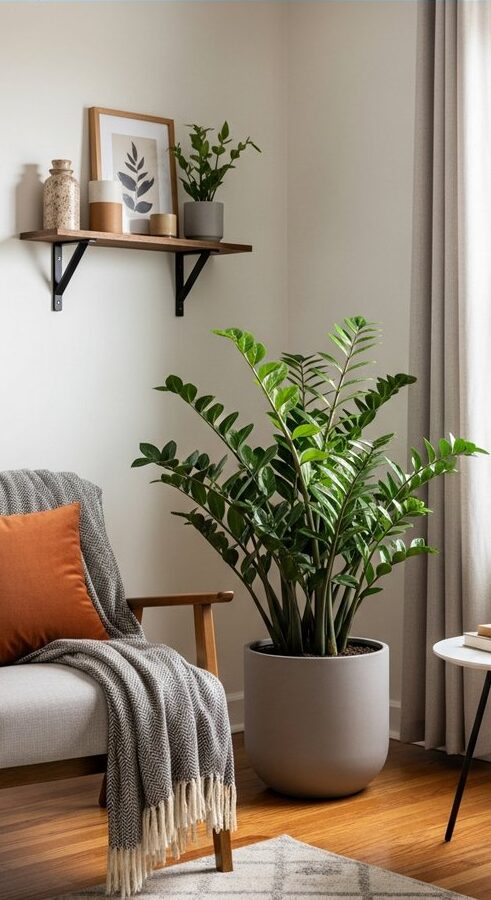 a large thriving zz plant plant as a living room focal point, for black raven zz plant