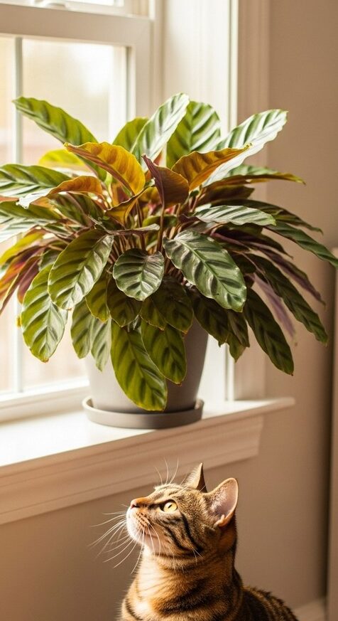 a calathea plant on a windowsill with a cat looking up at it