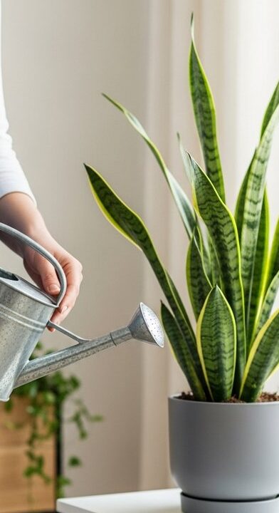 hands adding liquid fertilizer to a watering can next to a snake plant plant