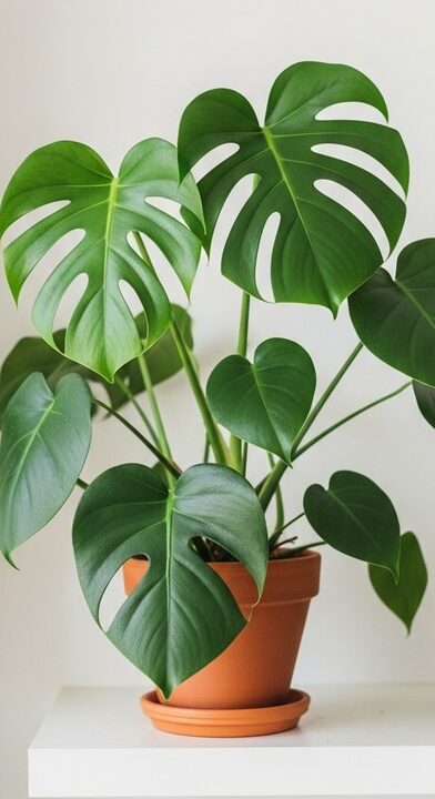 a lush monstera plant in a terracotta pot on a white shelf