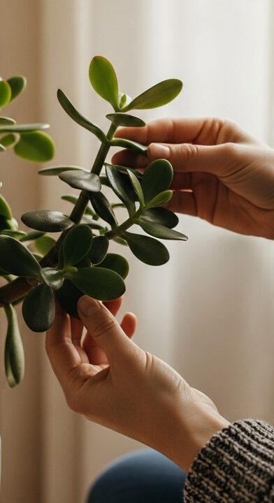 hands touching the leaves of a healthy jade plant plant