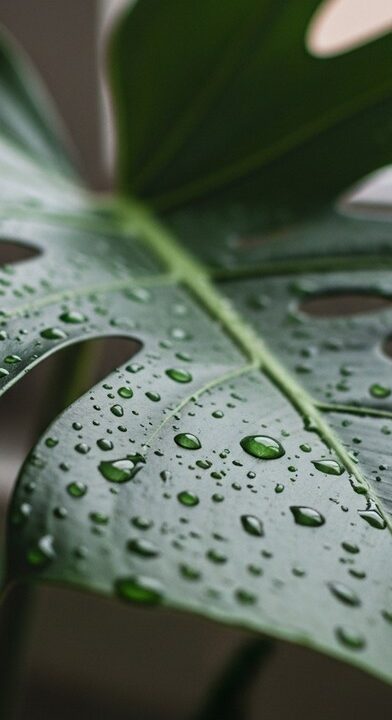 Close-up of a large monstera leaf with water droplets sitting on its surface, for monstera dripping water