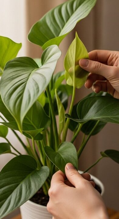 hands touching the leaves of a healthy philodendron plant