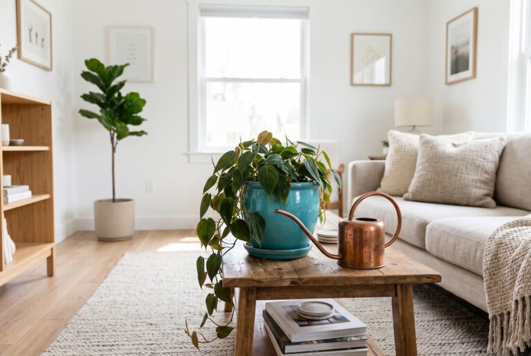 lounge room with a philodendron and a watering can next to it